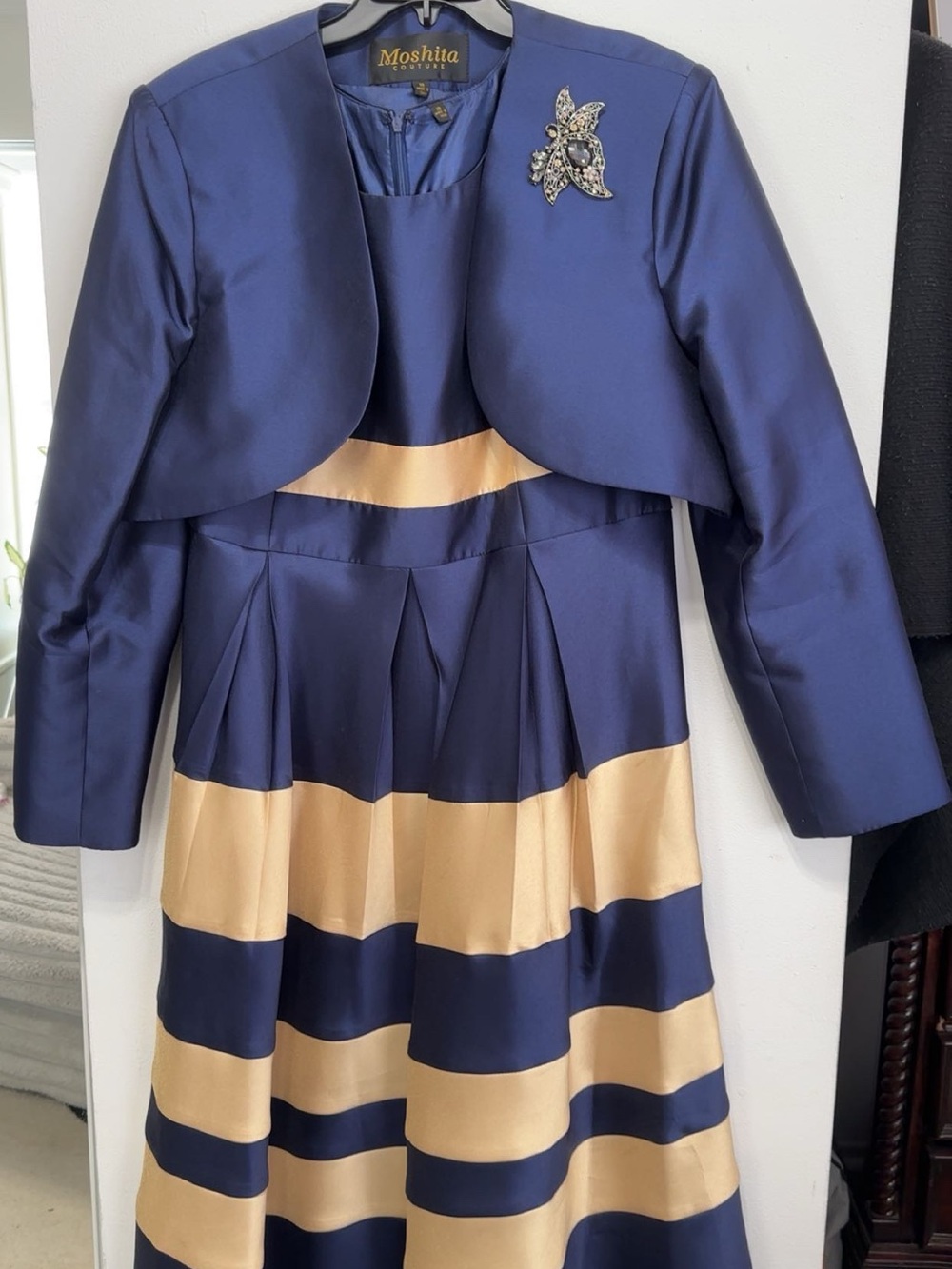 Moshila Navy and Gold Striped Satin Dress with Cropped Jacket